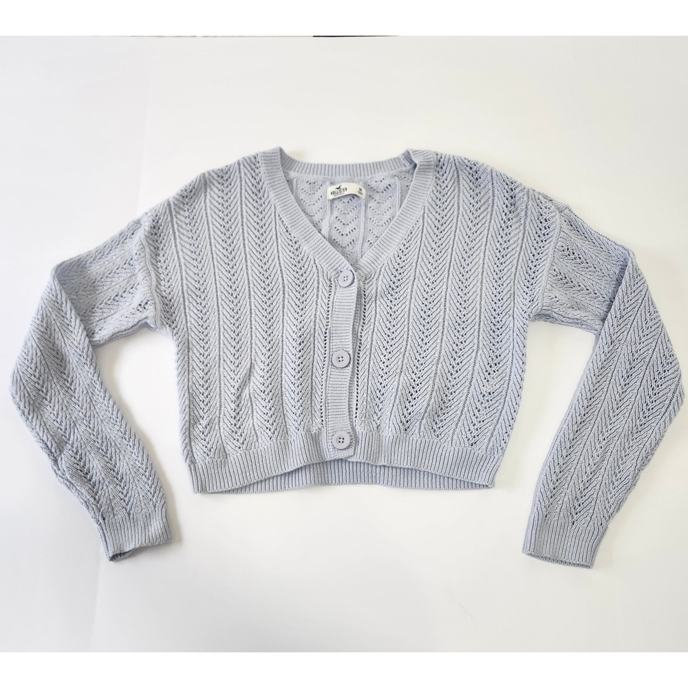 Hollister Womens Light Blue Pointelle Knit Cropped Cardigan Sweater Medium